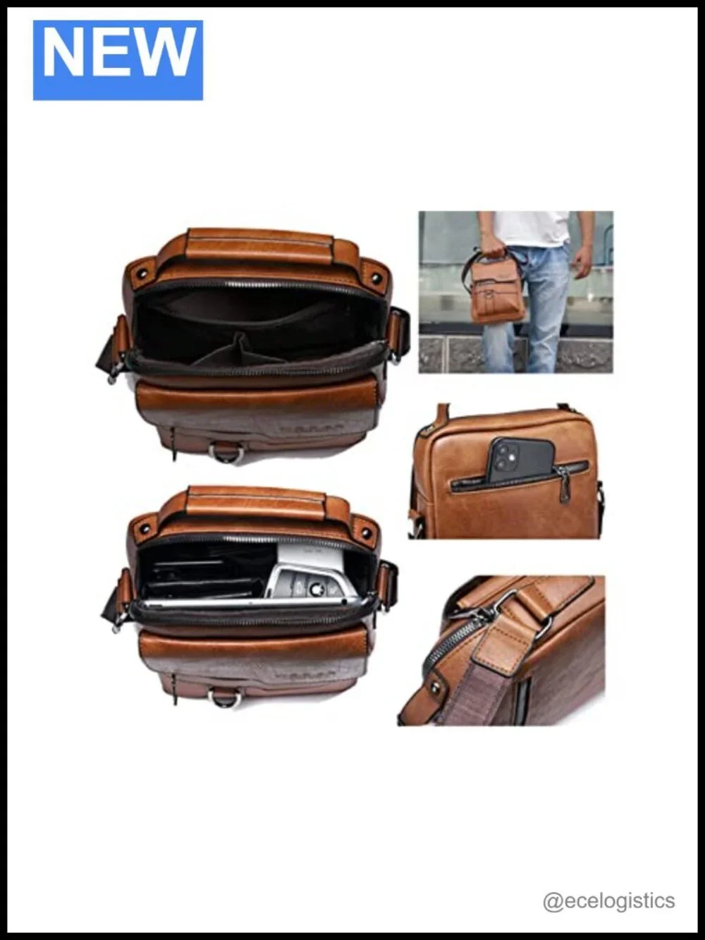 PU Leather Messenger Bag Crossbody Shoulder Bag Vintage Handle 6 Pockets